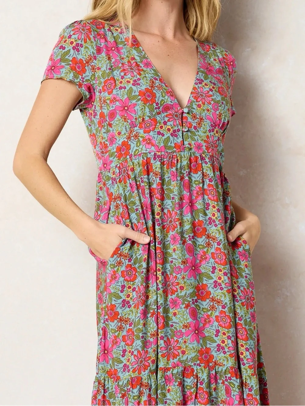 Natural Life Evangeline Floral V-Neck Maxi Dress in Pink and Aqua Small New - Picture 5 of 5